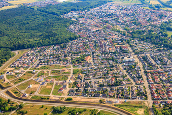 Aerial view of Blumenring new development area in Jockgrim in the state Rhineland-Palatinate, Germany
