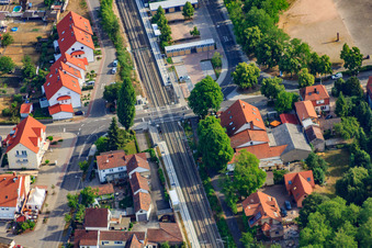 Aerial photograpy of Railway crossing Bahnhofstr in Jockgrim in the state Rhineland-Palatinate, Germany