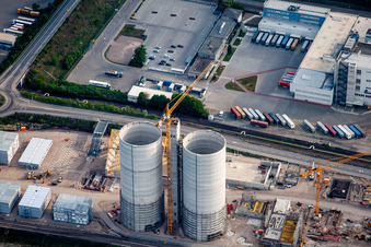 Construction site of power plants and exhaust towers of thermal power station GKM Block 6 in the district Neckarau in Mannheim in the state Baden-Wurttemberg, Germany from above