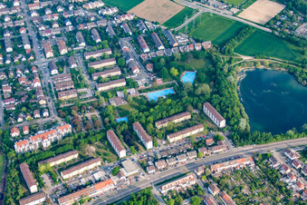 Aerial view of Park swimming pool in the district Rheinau in Mannheim in the state Baden-Wuerttemberg, Germany