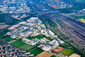 Aerial view of Mallaustr industrial area in the district Rheinau in Mannheim in the state Baden-Wuerttemberg, Germany