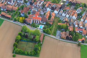 Aerial view of Tennis court, pool and parking behind the Hayna Hotel Krone in the district Hayna in Herxheim bei Landau in the state Rhineland-Palatinate, Germany