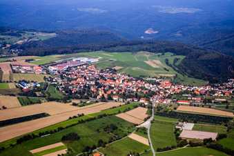 Aerial view of Town from the south in the district Strümpfelbrunn in Waldbrunn in the state Baden-Wuerttemberg, Germany