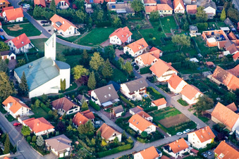 Aerial view of Catholic Church in the district Rechtenbach in Schweigen-Rechtenbach in the state Rhineland-Palatinate, Germany