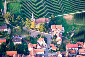 Protestant Church Rechtenbach in the district Rechtenbach in Schweigen-Rechtenbach in the state Rhineland-Palatinate, Germany from above