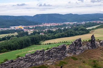 Drone recording of Devil's Wall (Königstein) in the district Weddersleben in Thale in the state Saxony-Anhalt, Germany