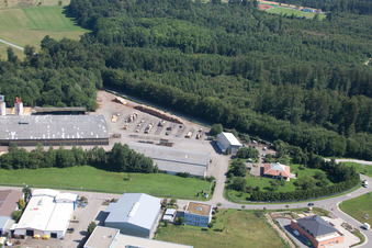 Aerial photograpy of Building and production halls on the premises of corthum Nordschwarzwald GmbH - corthum Erdenwerk in the district Pfaffenrot in Marxzell in the state Baden-Wurttemberg