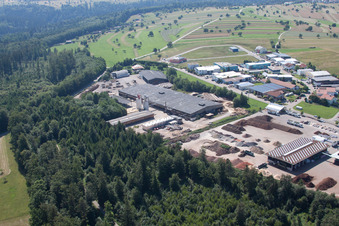 Building and production halls on the premises of corthum Nordschwarzwald GmbH - corthum Erdenwerk in the district Pfaffenrot in Marxzell in the state Baden-Wurttemberg from above
