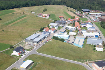 Im Schwarzenbusch commercial area in the district Pfaffenrot in Marxzell in the state Baden-Wuerttemberg, Germany seen from above