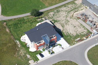 Drone recording of Im Schwarzenbusch commercial area in the district Pfaffenrot in Marxzell in the state Baden-Wuerttemberg, Germany