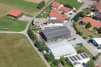 Im Schwarzenbusch commercial area in the district Pfaffenrot in Marxzell in the state Baden-Wuerttemberg, Germany seen from a drone