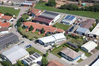 Im Schwarzenbusch commercial area in the district Pfaffenrot in Marxzell in the state Baden-Wuerttemberg, Germany seen from above