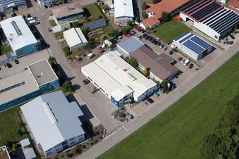 Im Schwarzenbusch commercial area in the district Pfaffenrot in Marxzell in the state Baden-Wuerttemberg, Germany seen from a drone