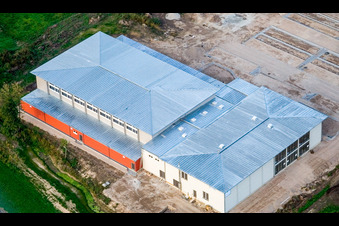 Aerial view of Bienwaldhalle New Multi-Purpose Hall in Kandel in the state Rhineland-Palatinate, Germany