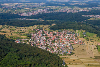 Village - view on the edge of agricultural fields and farmland in Spessart in the state Baden-Wurttemberg, Germany