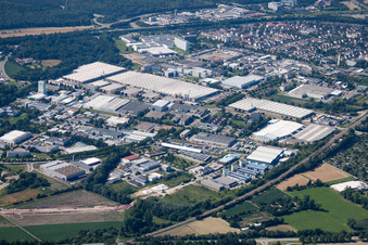 Daimler parts warehouse, Mercedes glass warehouse in Ettlingen in the state Baden-Wuerttemberg, Germany from the plane