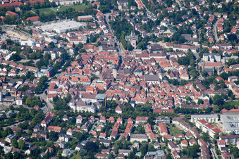 Aerial view of Old Town area and city center in Ettlingen in the state Baden-Wurttemberg