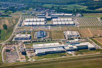 Building and production halls on the premises of EDEKA Suedwest Fleisch vor of Neuen Messe in Rheinstetten in the state Baden-Wurttemberg
