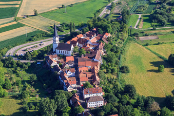 Aerial view of St. Dionysius in Hinterstädel in Jockgrim in the state Rhineland-Palatinate, Germany