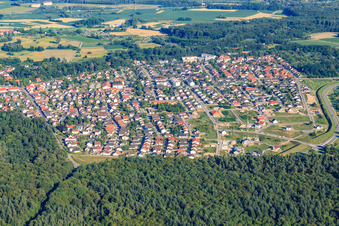 Aerial view of New development area Vogelring from the north in Jockgrim in the state Rhineland-Palatinate, Germany