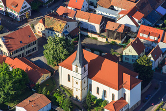 Church of St. Wendelin in Hatzenbühl in the state Rhineland-Palatinate, Germany seen from above