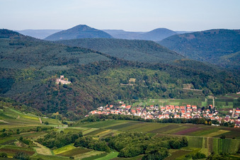 Landeck Castle above the wine-growing town from the south in Klingenmünster in the state Rhineland-Palatinate, Germany