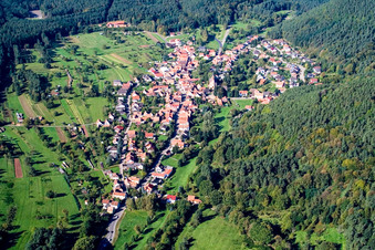 Aerial photograpy of Town View of the streets and houses of the residential areas in Birkenhoerdt in the state Rhineland-Palatinate