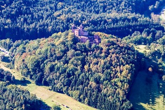 Berwartstein Castle in Erlenbach bei Dahn in the state Rhineland-Palatinate, Germany from above