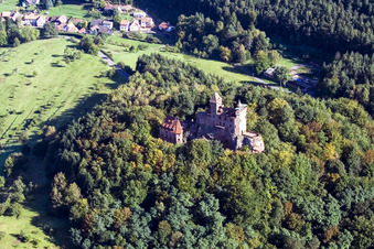 Berwartstein Castle in Erlenbach bei Dahn in the state Rhineland-Palatinate, Germany from the plane