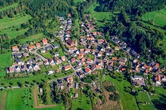 Aerial view of Village in the Palatinate Forest from the north in Niederschlettenbach in the state Rhineland-Palatinate, Germany