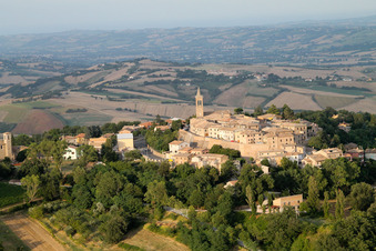 Aerial view of Town View of the streets and houses of Fratte Rosa in Marche, Italy