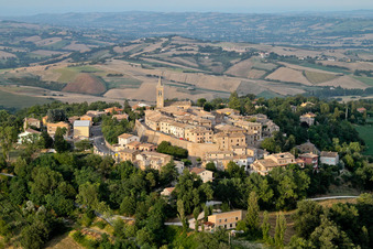 Aerial photograpy of Town View of the streets and houses of Fratte Rosa in Marche, Italy