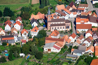 Church of St. Lawrence in Schweighofen in the state Rhineland-Palatinate, Germany from above
