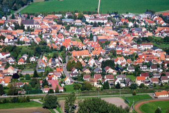 Aerial view of Bahnhofstrasse from the south in Steinfeld in the state Rhineland-Palatinate, Germany
