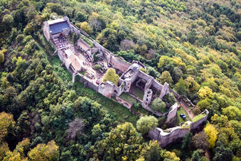 Aerial photograpy of Madenburg Castle ruins on the edge of the Palatinate Forest in Eschbach in the state Rhineland-Palatinate, Germany