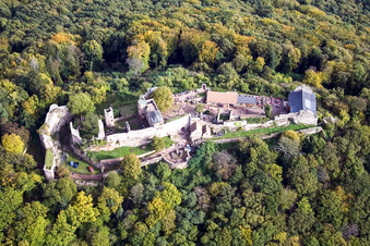 Oblique view of Madenburg Castle ruins on the edge of the Palatinate Forest in Eschbach in the state Rhineland-Palatinate, Germany