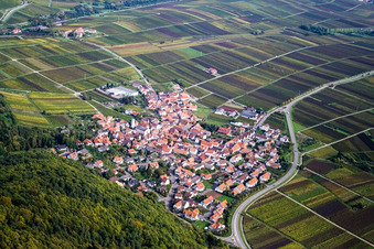 Wine-growing village on the edge of the Palatinate Forest from the west in Eschbach in the state Rhineland-Palatinate, Germany