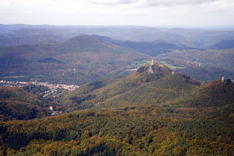 Bird's eye view of Trifels Castle in the district Bindersbach in Annweiler am Trifels in the state Rhineland-Palatinate, Germany