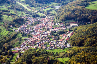 Village in the Palatinate Forest from the northeast in Silz in the state Rhineland-Palatinate, Germany