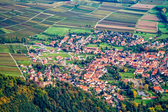 Wine-growing village on the edge of the Palatinate Forest from the west in Klingenmünster in the state Rhineland-Palatinate, Germany