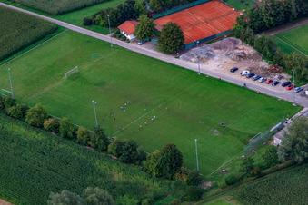 Aerial photograpy of Sports fields of the SV 1946 Minfeld football club and the TC Minfeld in Minfeld in the state Rhineland-Palatinate, Germany