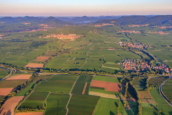 Route of the A65 motorway - In the background Nussdorf and the Haardt edge of the Palatinate Forest in the morning light in Knöringen in the state Rhineland-Palatinate, Germany