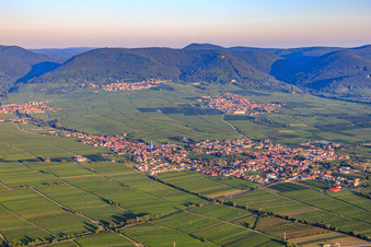 City view from the east In the background Rhodt unter Rietburg and the Haardt edge of the Palatinate Forest in the morning light in Edesheim in the state Rhineland-Palatinate, Germany