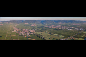 Aerial view of Panoramic perspective Town View of the streets and houses of the residential areas in Edesheim and Edenkoben in the state Rhineland-Palatinate