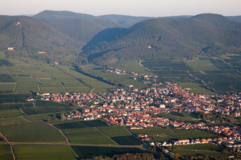 Aerial photograpy of Village - view on the edge of agricultural fields and farmland in Edenkoben in the state Rhineland-Palatinate