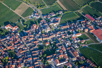 Aerial view of Village - view on the edge of agricultural fields and farmland in Kallstadt in the state Rhineland-Palatinate, Germany