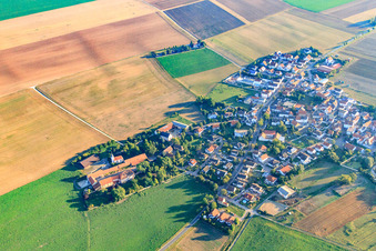 View of the town from the south with Protestant St. Martin's Church in Quirnheim in the state Rhineland-Palatinate, Germany