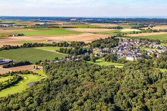 Oblique view of Golf course at the forest at the castle Miel in the district Miel in Swisttal in the state North Rhine-Westphalia, Germany