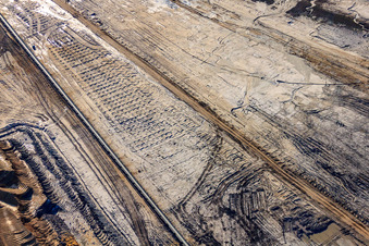 Aerial view of Excavator tracks in the lignite opencast mine Inden in the district Pier in Inden in the state North Rhine-Westphalia, Germany