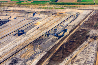 Aerial view of Hoist crane in open-cast lignite mine Inden in the district Altdorf in Inden in the state North Rhine-Westphalia, Germany